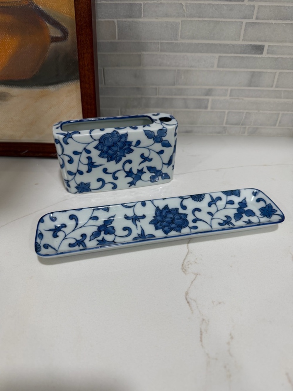 Takahashi Blue Floral Porcelain Tray and Holder Set — Classic Tabletop Accent